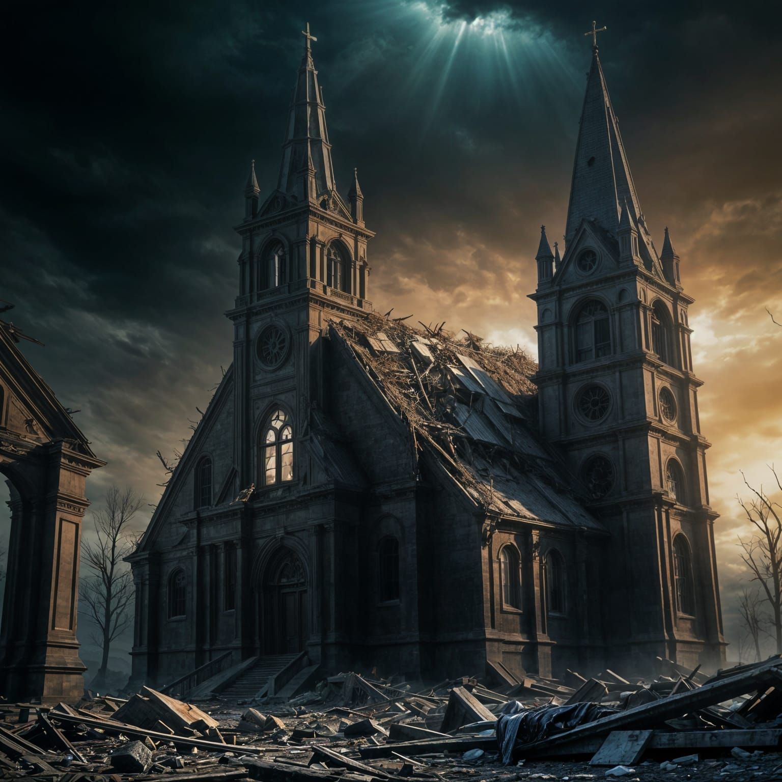 Alien Towers Over Crumbling Church in Hyperreal 8K