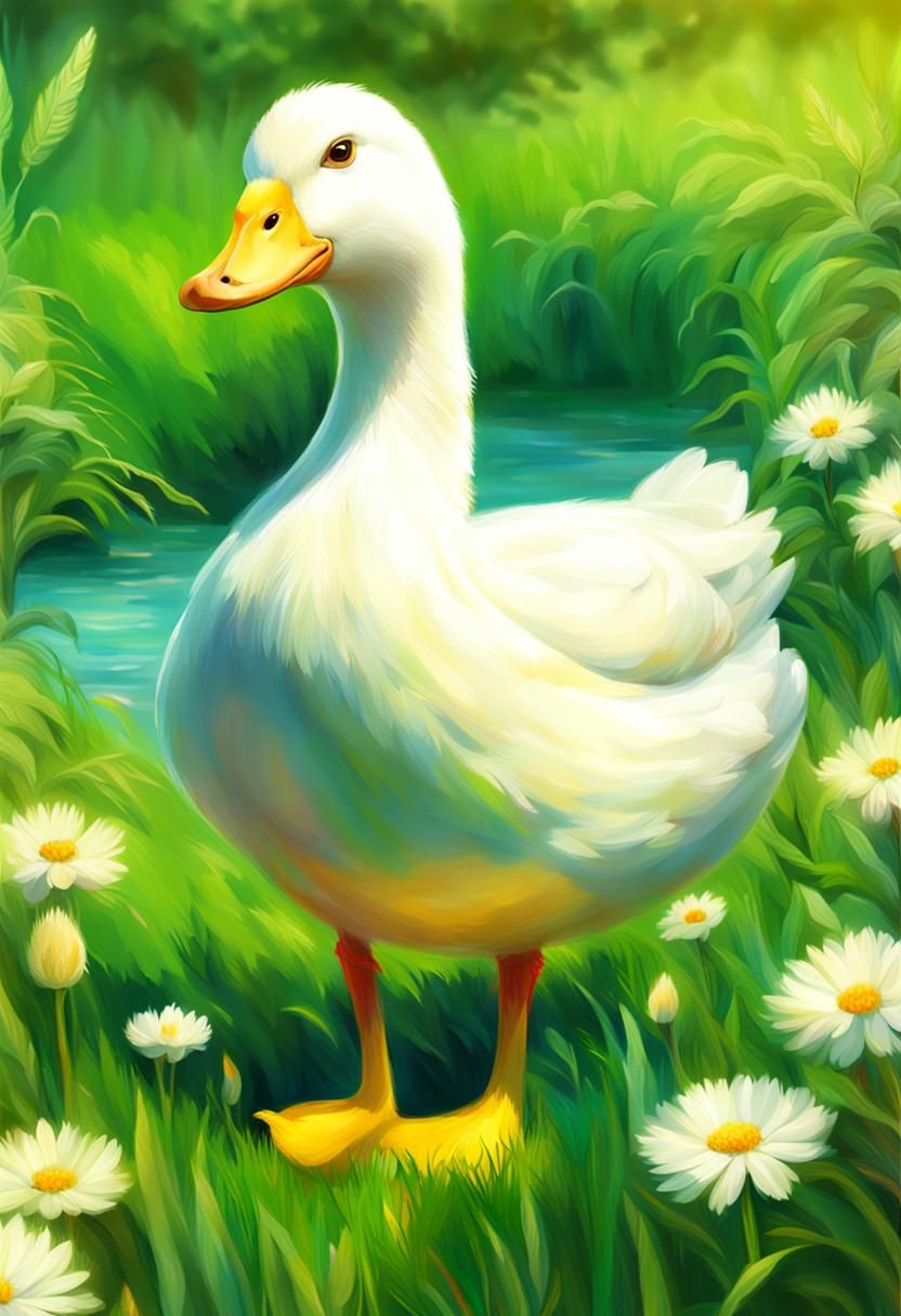 White Duck with Long Neck in Meadow, Digital Painting