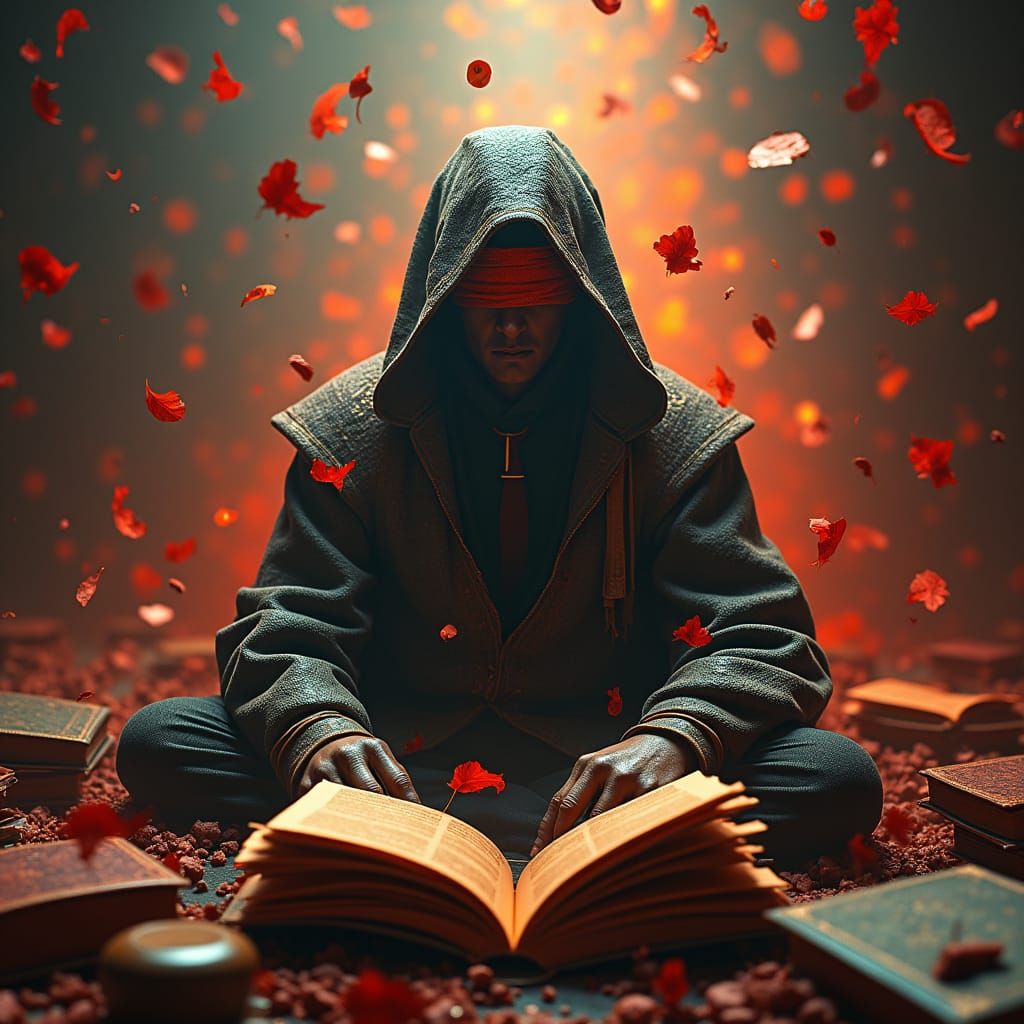 Mysterious Blindfolded Figure Amidst Fiery Crimson Words