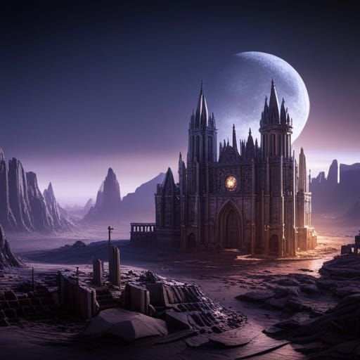 Gothic City on the Moon in Detailed Matte Painting