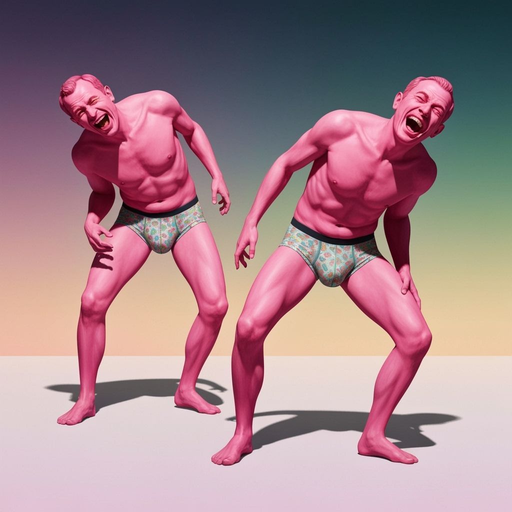 Pink Men Laughing in Absurd Poses: Photorealistic Style