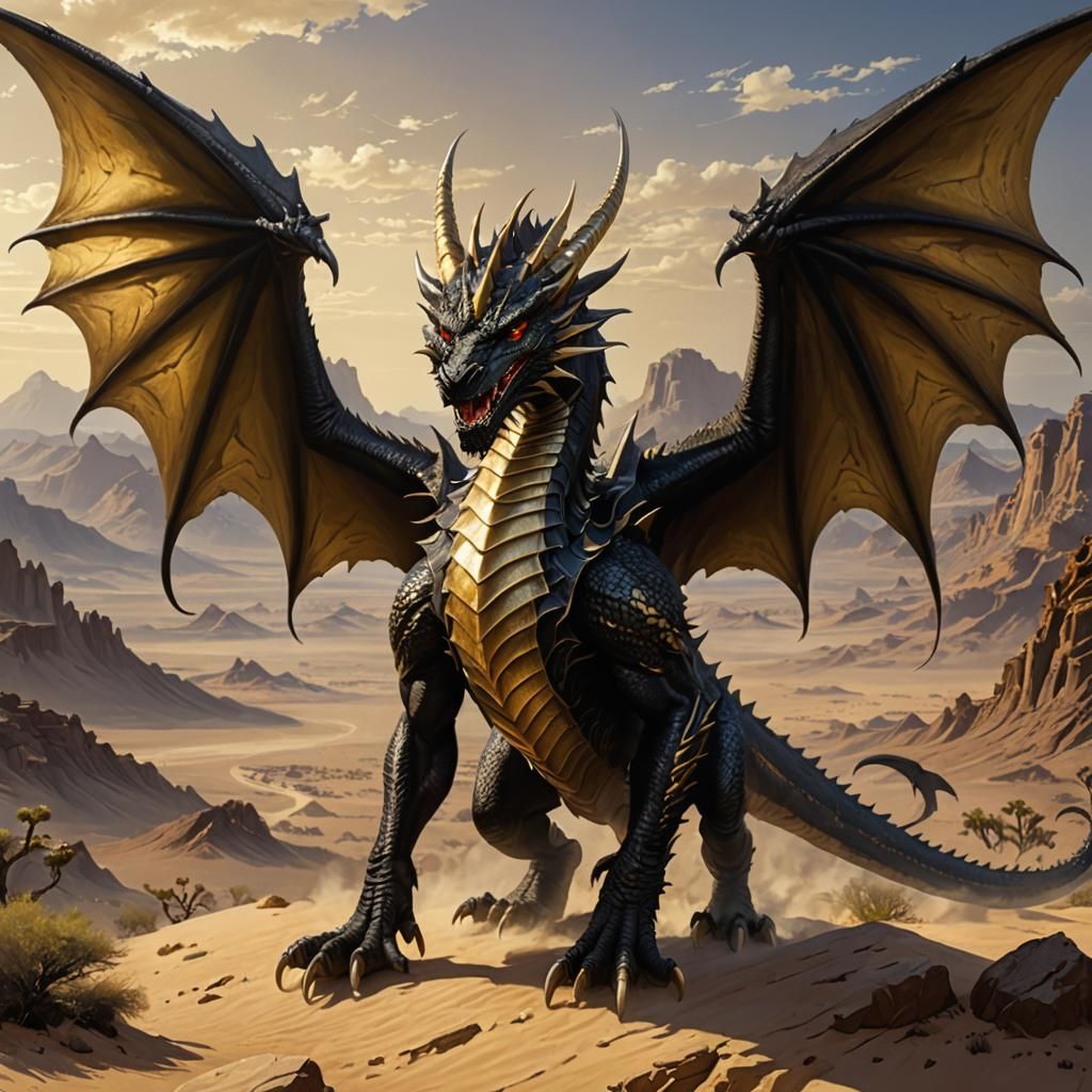 Majestic Black and Gold Dragon in Fantasy Art