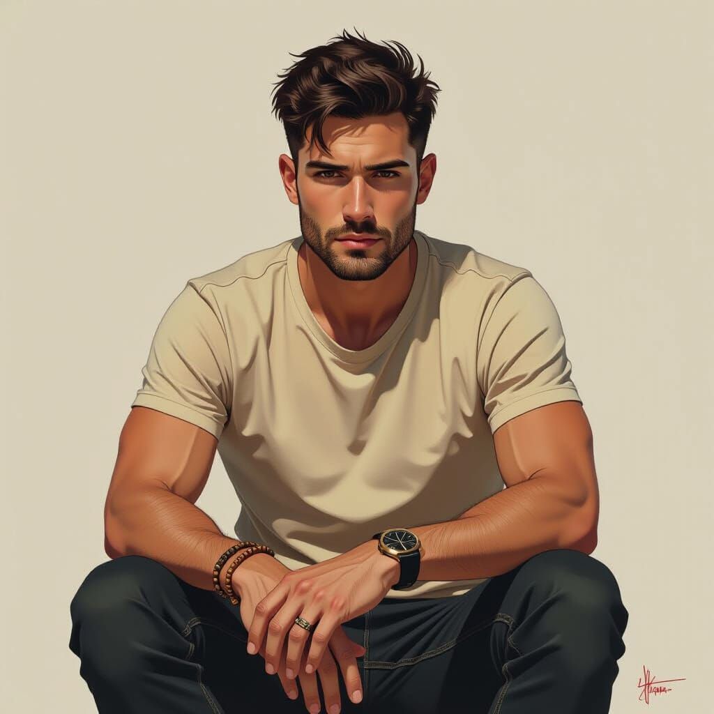 Realistic Portrait of Man with Watch and Bracelets