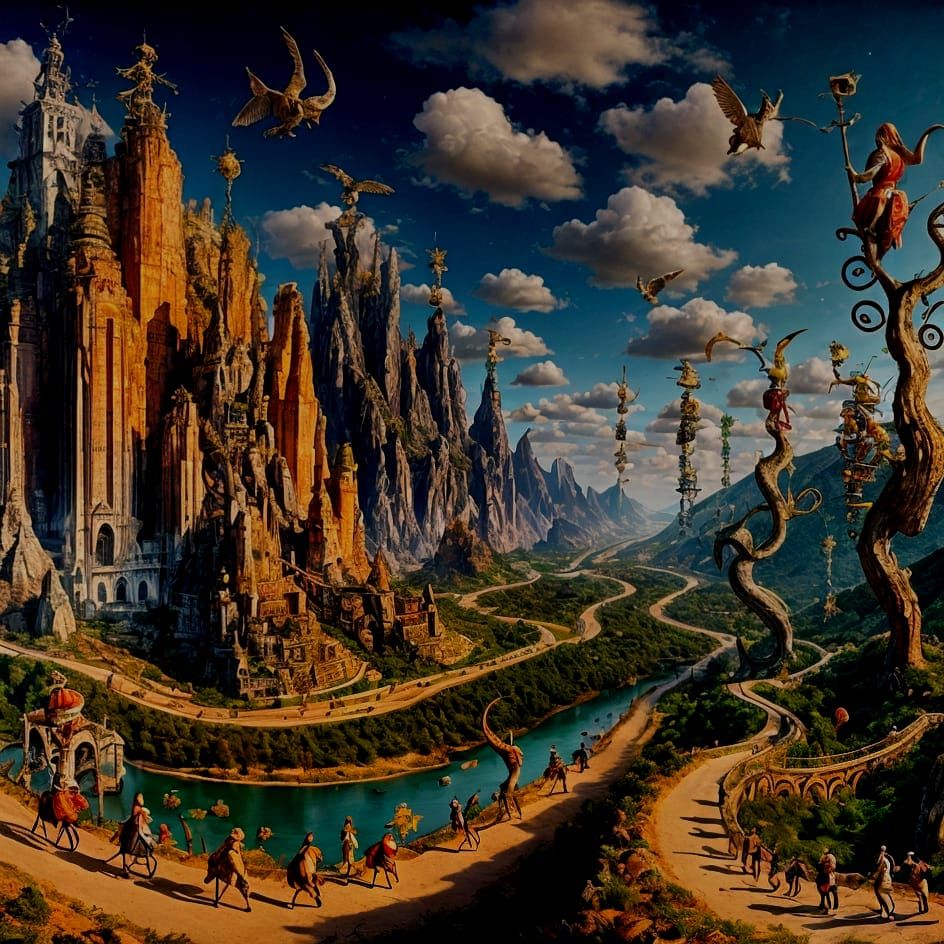 Surrealist Landscape with Towering Mountains