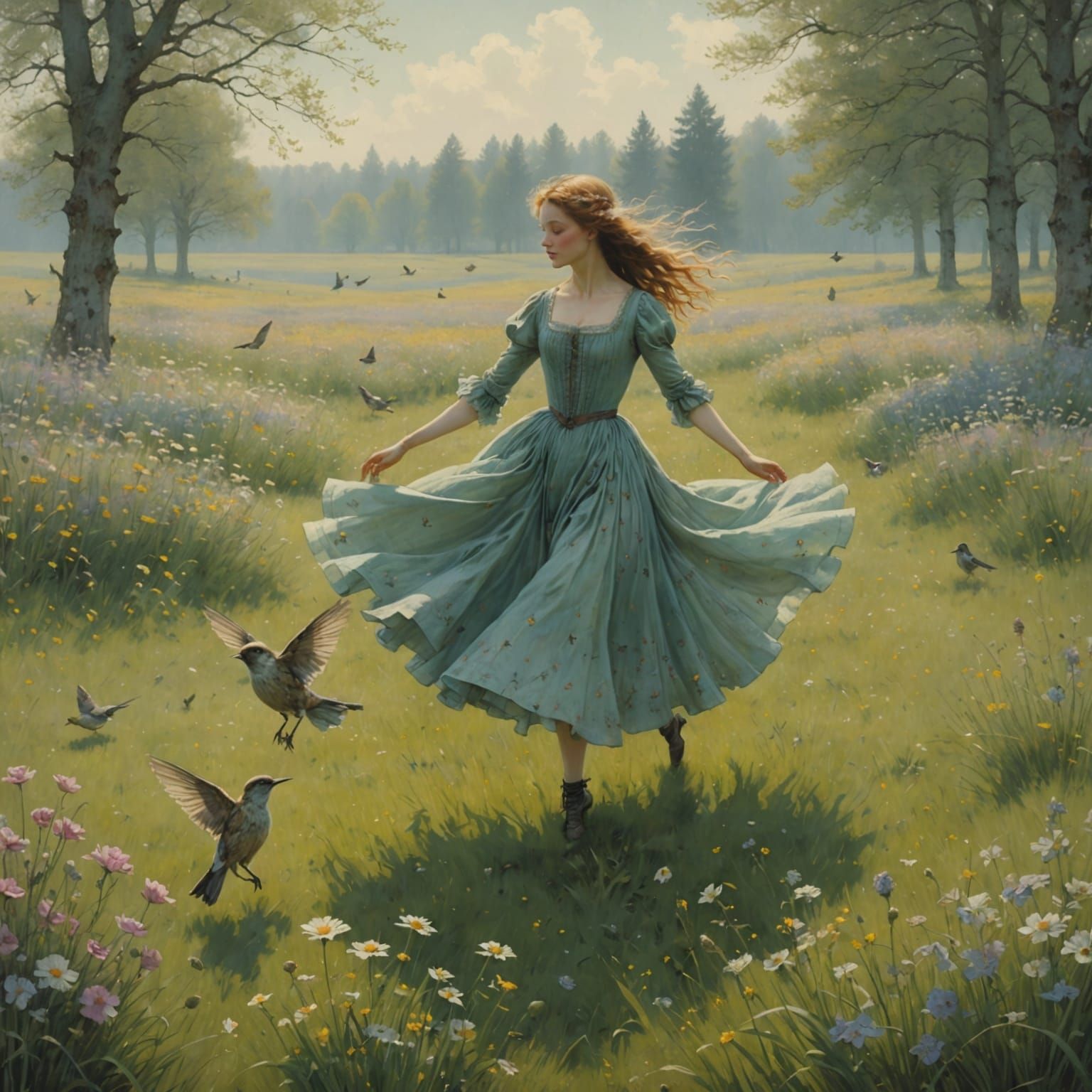 Whimsical Spring Dancer Amidst Blooming Meadow