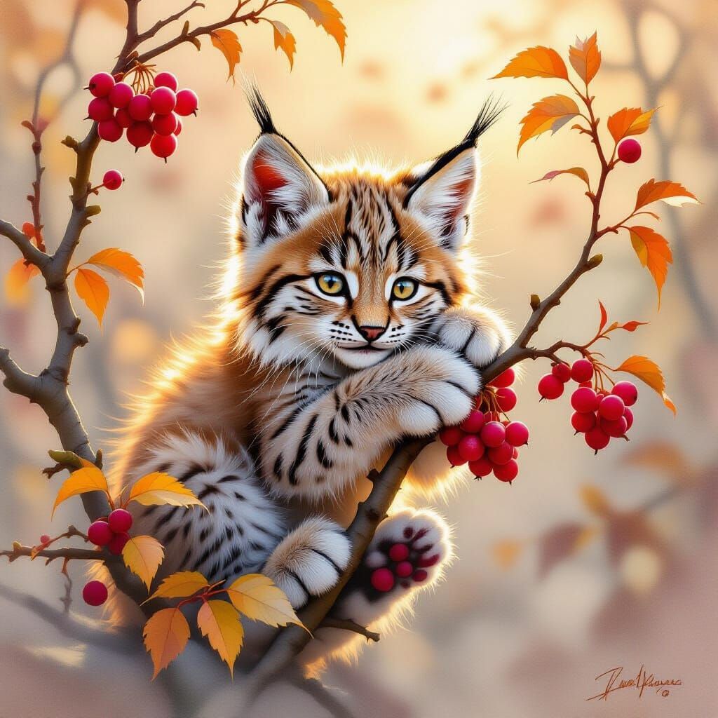 Ethereal Lynx Cub in Autumn Mist, Stylized Watercolor