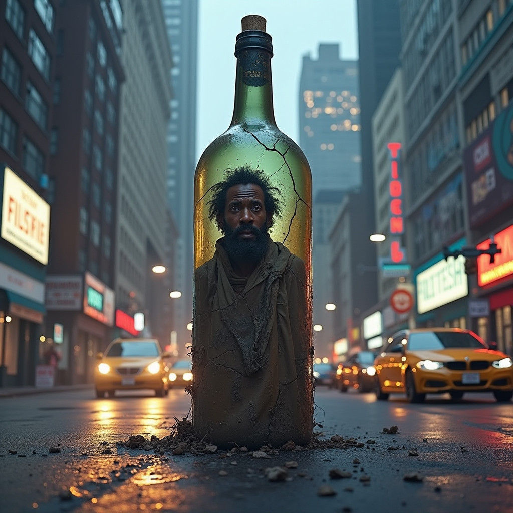 Man Trapped in Wine Bottle: Afrofuturist Photorealism
