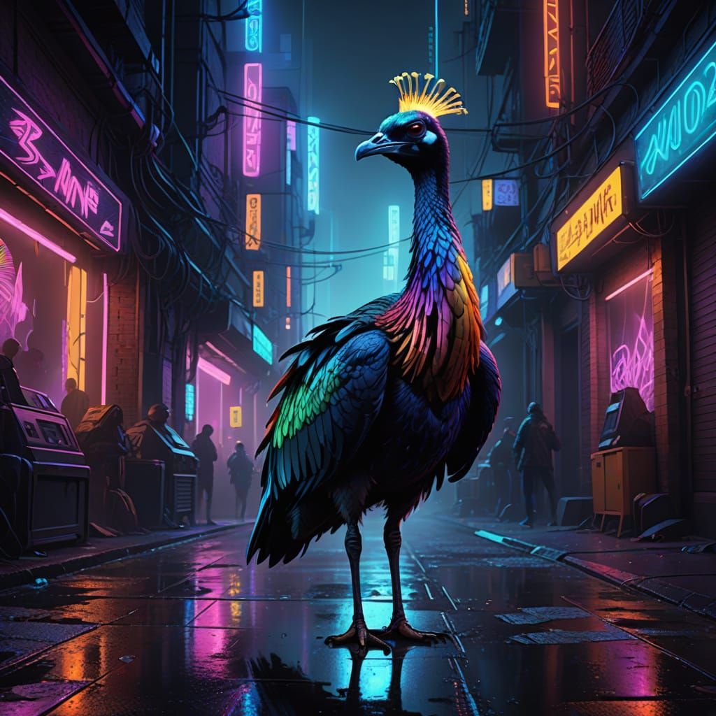 Moa with Colorful Plumage in Neon Noir Style