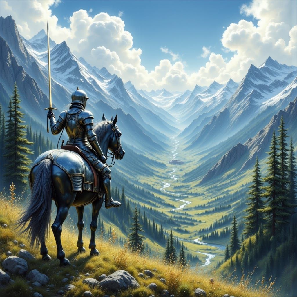 Knight in Armor Before Snow White's Palace in a Scenic Valle...