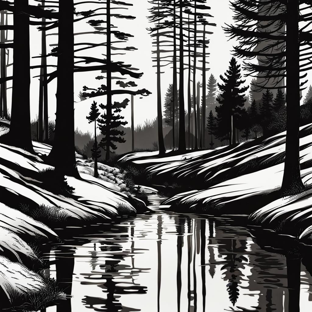 High Contrast Pines by Creek Illustration