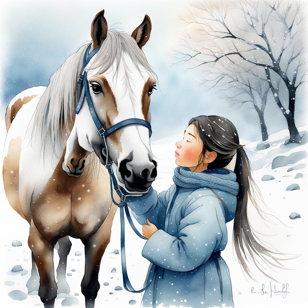 Girl and Mongolian Horse in Winter Watercolor