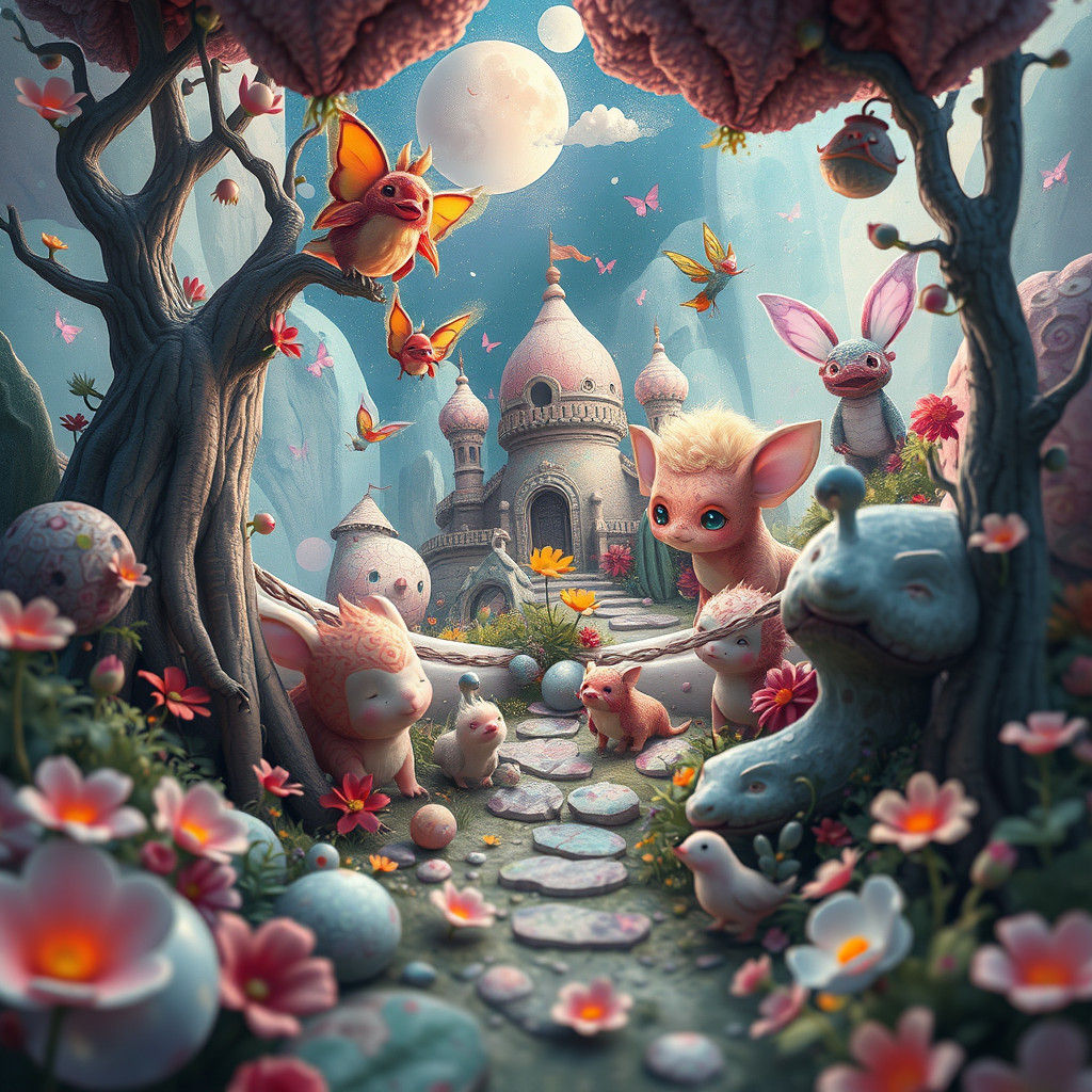 Dreamlike Scene with Adorable Creatures in Pop Surrealist St...
