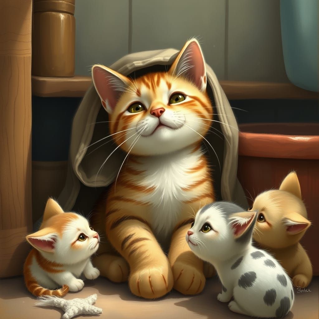 Gentle Cat Protects Its Kittens in Whimsical Domestic Scene