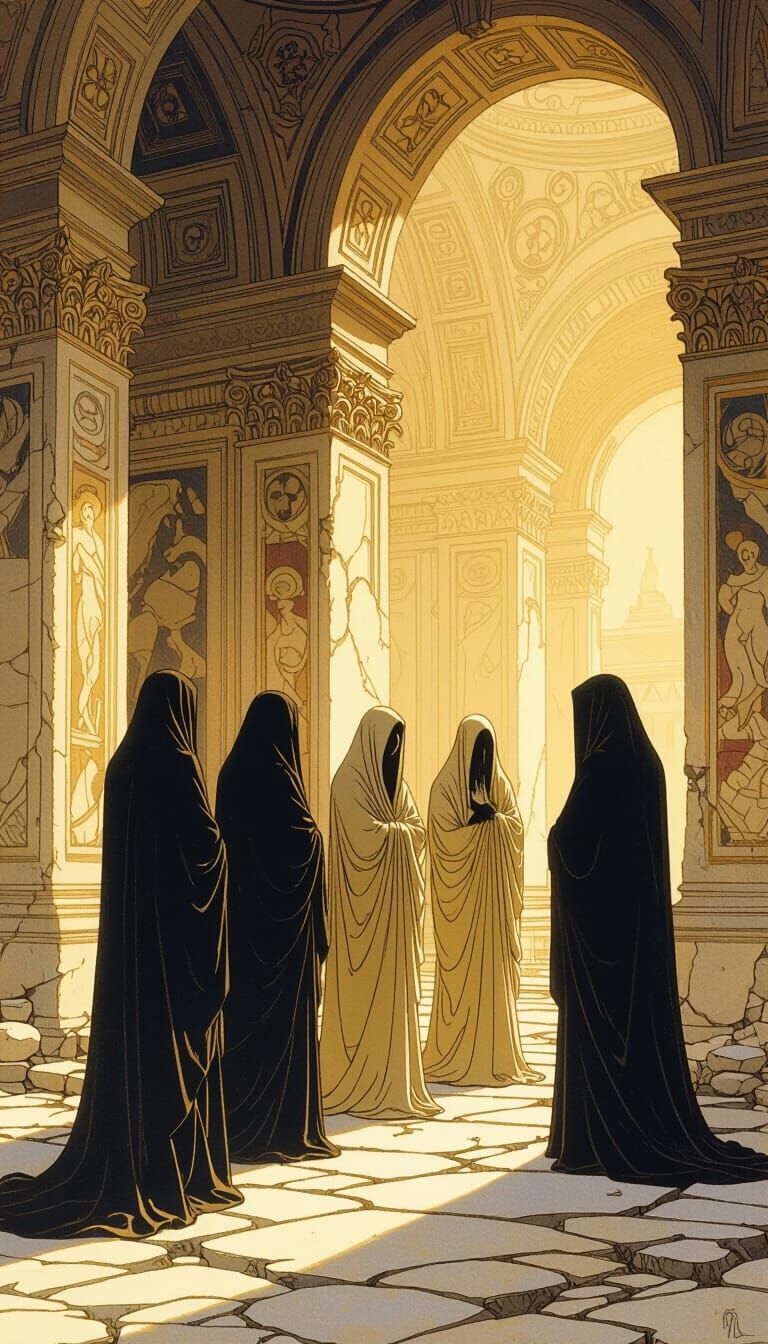 Seven Figures in Crumbling Hall, Renaissance Oil Painting