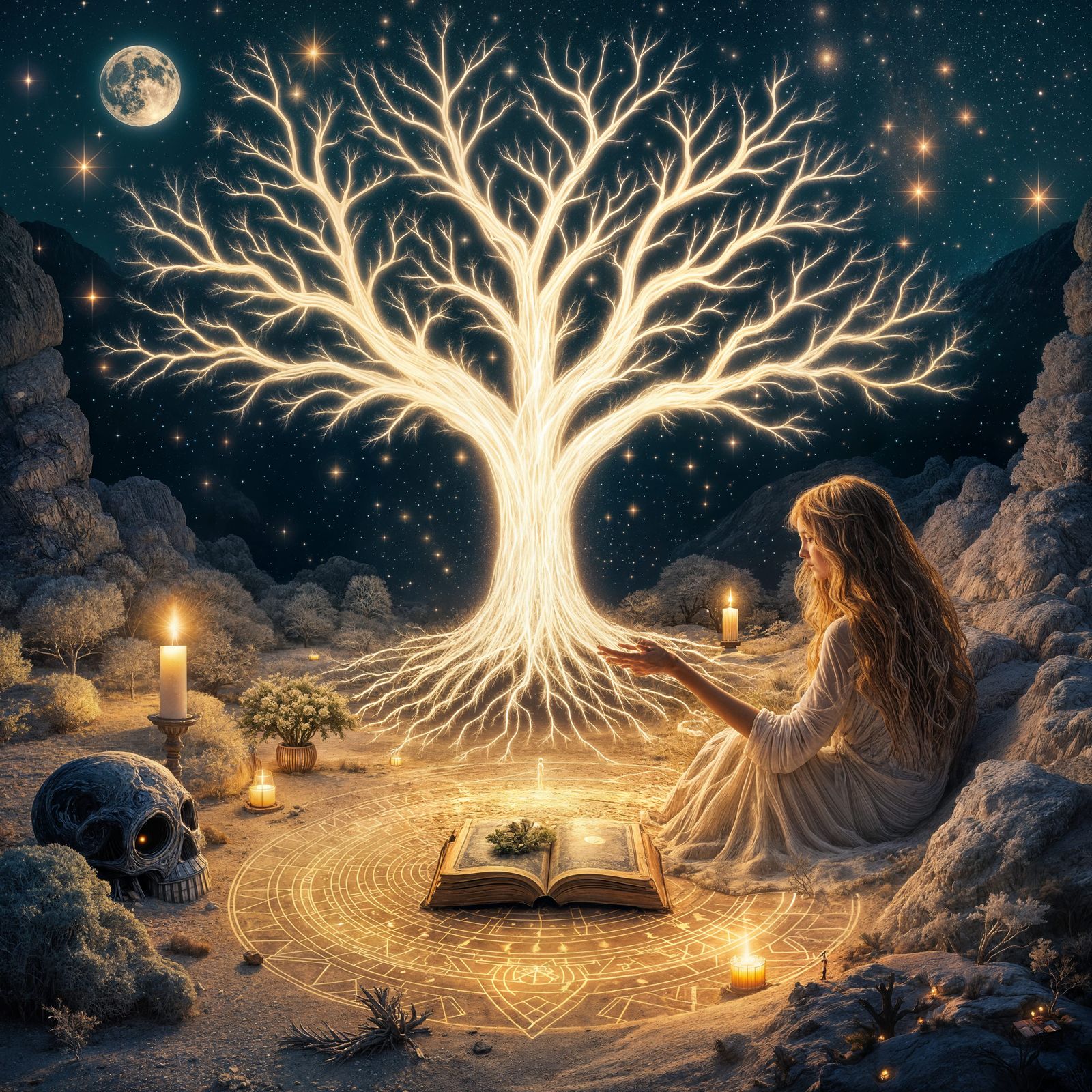 Glowing Tree with Cosmic Dust and Sugar Skull