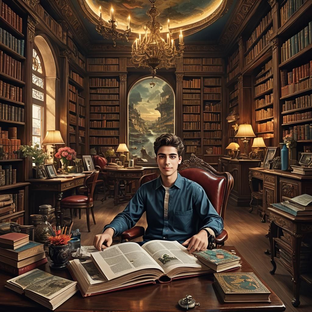 Boy Studying in Library with World Map, Matte Painting