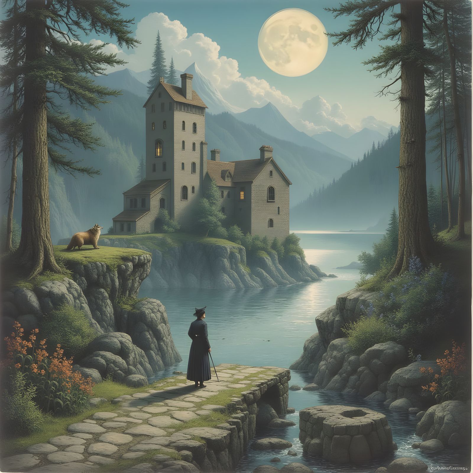 Wolf Guarding Bridge to Nowhere in Ethereal Style