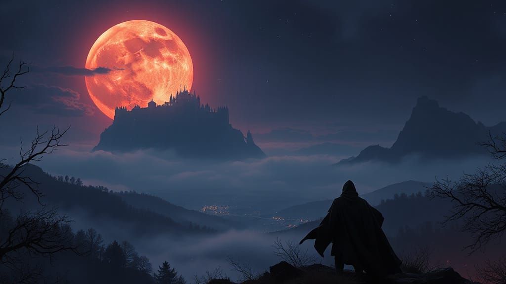 ancient floating citadel over fog-drenched valley