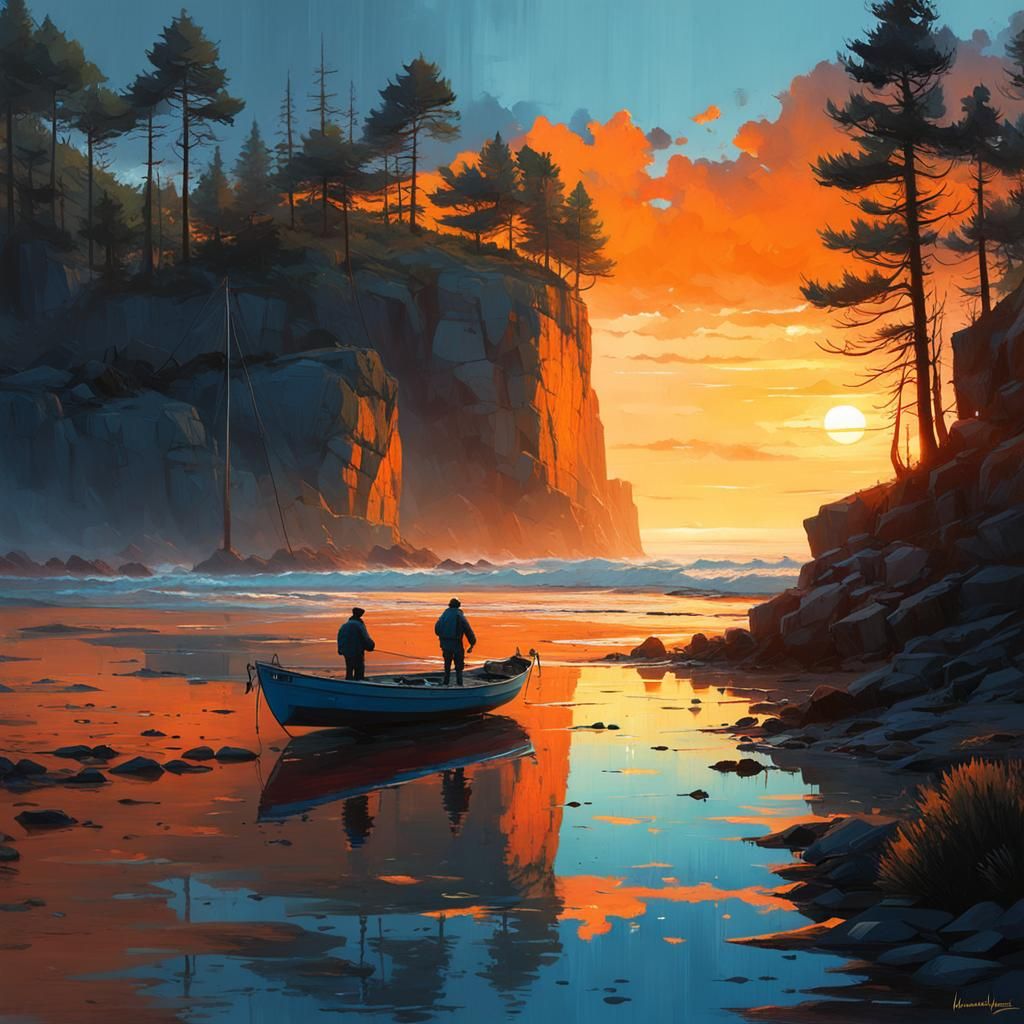 Coastal Sunset After Rain with Fisherman