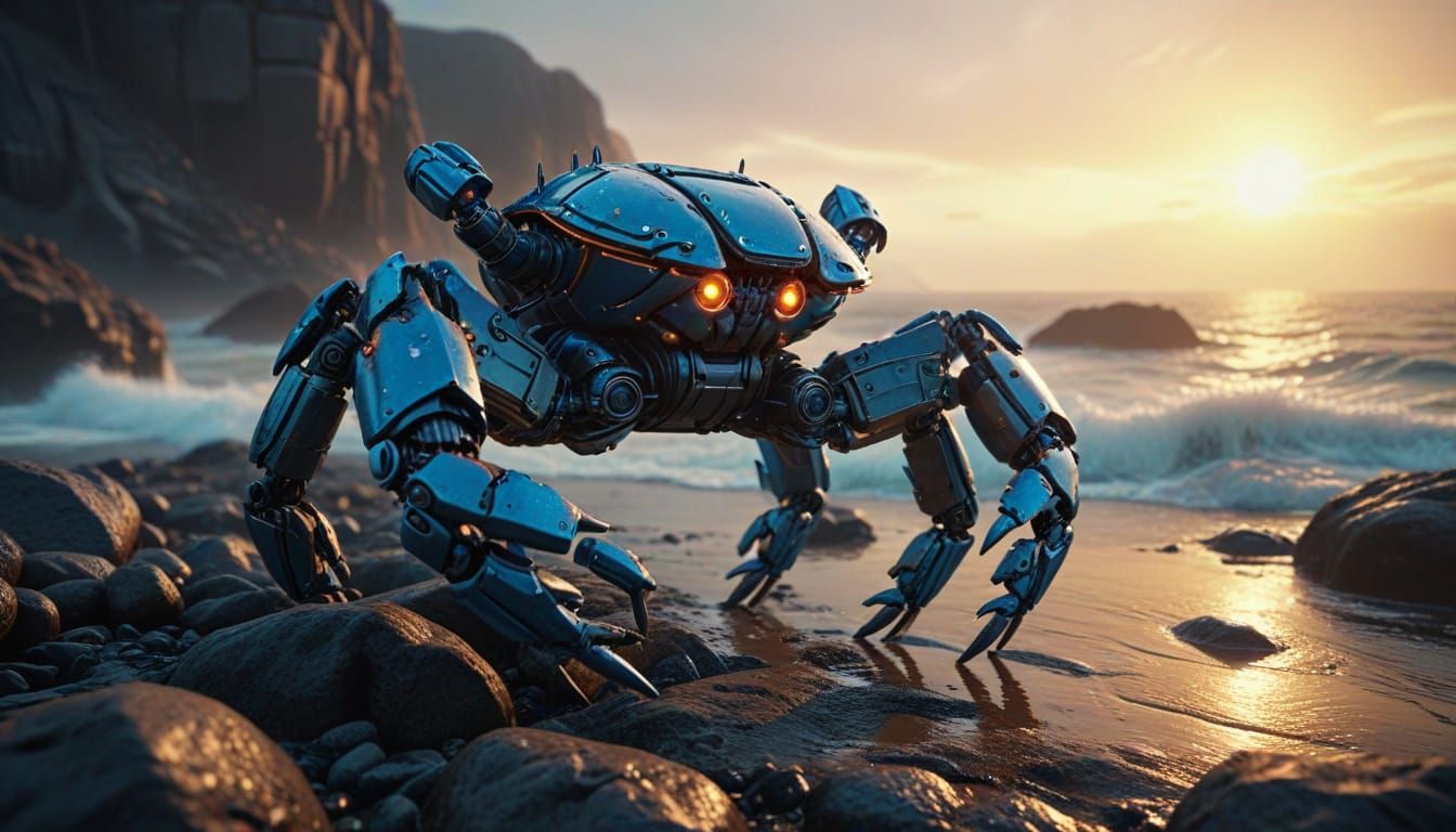 Sci-Fi Mechanical Crab Robot on Rocky Coast