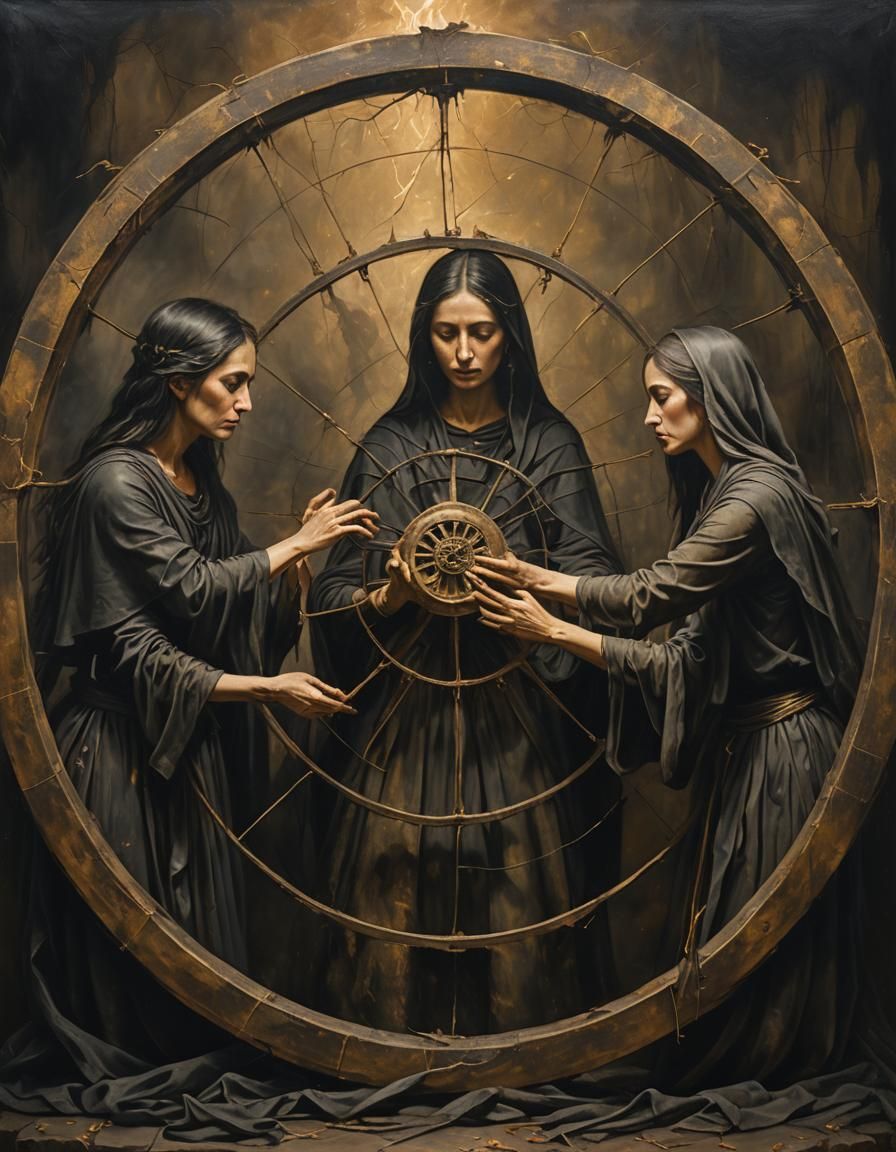 Moirai Encircling Wheel of Fortune: Dark Surrealism