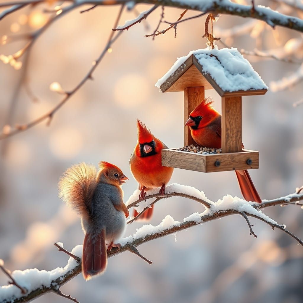 Vibrant Cardinals in Winter Wonderland with Squirrel