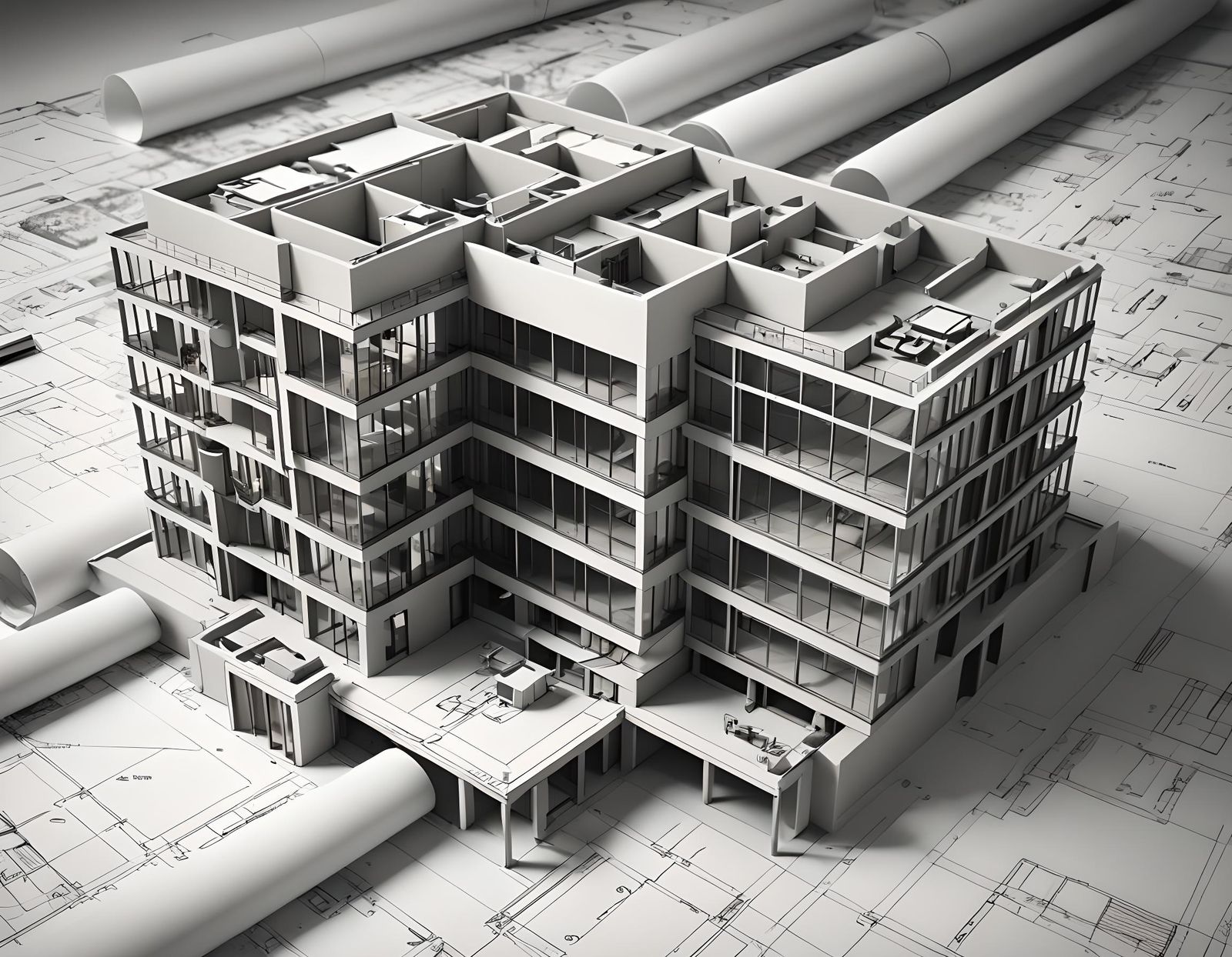 3D Cross-Section of Office Building on Blueprint