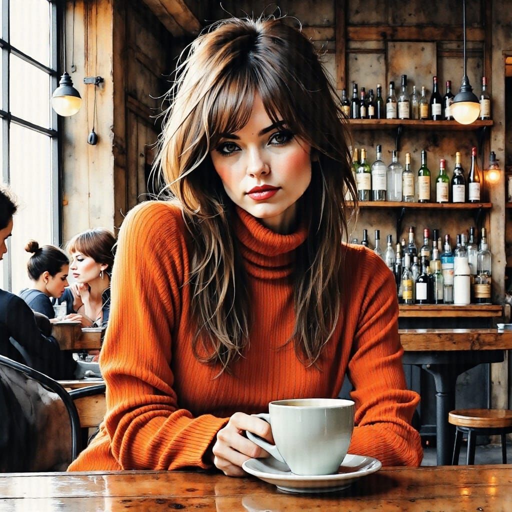 Surreal Watercolor Portrait of a Young Woman in a Bar
