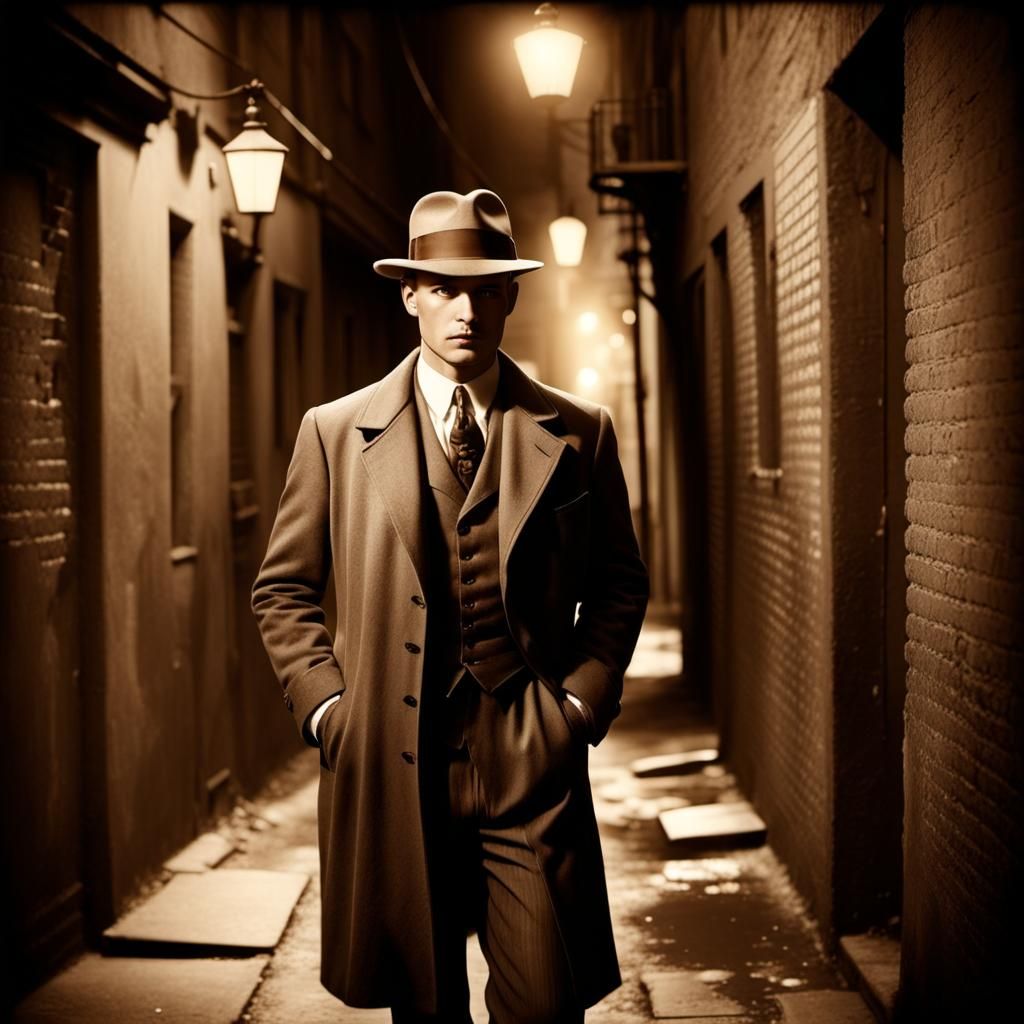1920s Detective in Dark Alley with Intense Shadows