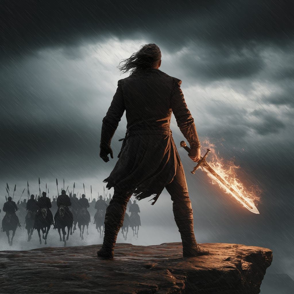 Battle-Worn Warrior on Windswept Cliffside