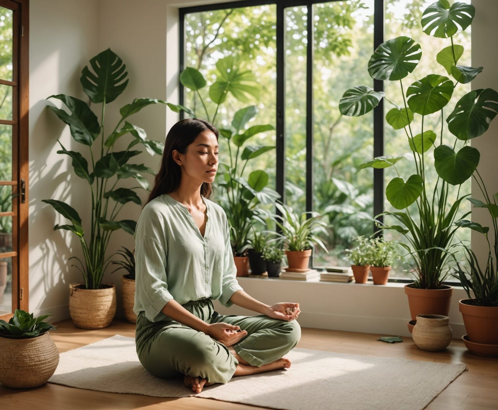 Person Meditating in Serene Sanctuary with Soft Morning Ligh...