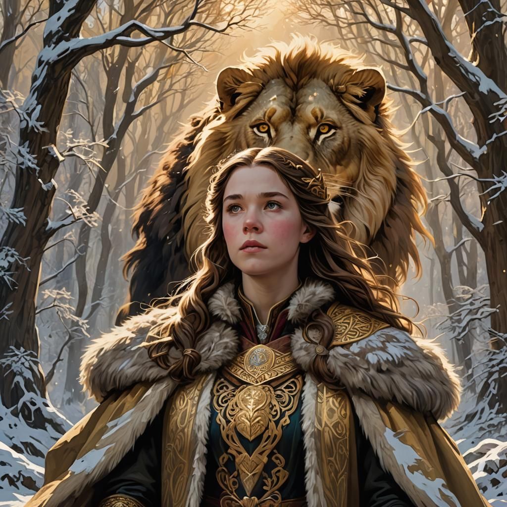 Lucy and Aslan in Narnia: Hyperdetailed Portrait