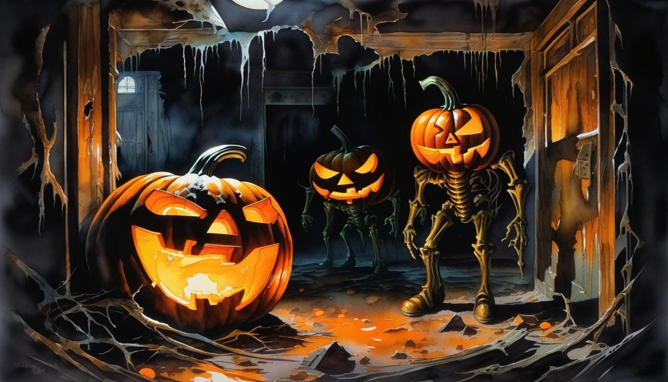 Horrific Jack O'Lanterns in Watercolor Horror Style