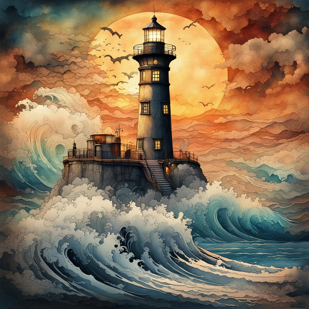 Lighthouse Sunset in Steampunk Ink Painting Style