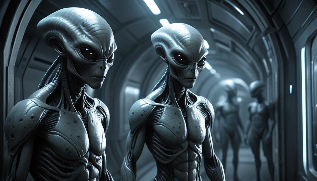 Eerie Grey Aliens in Spaceship Corridor Concept Art