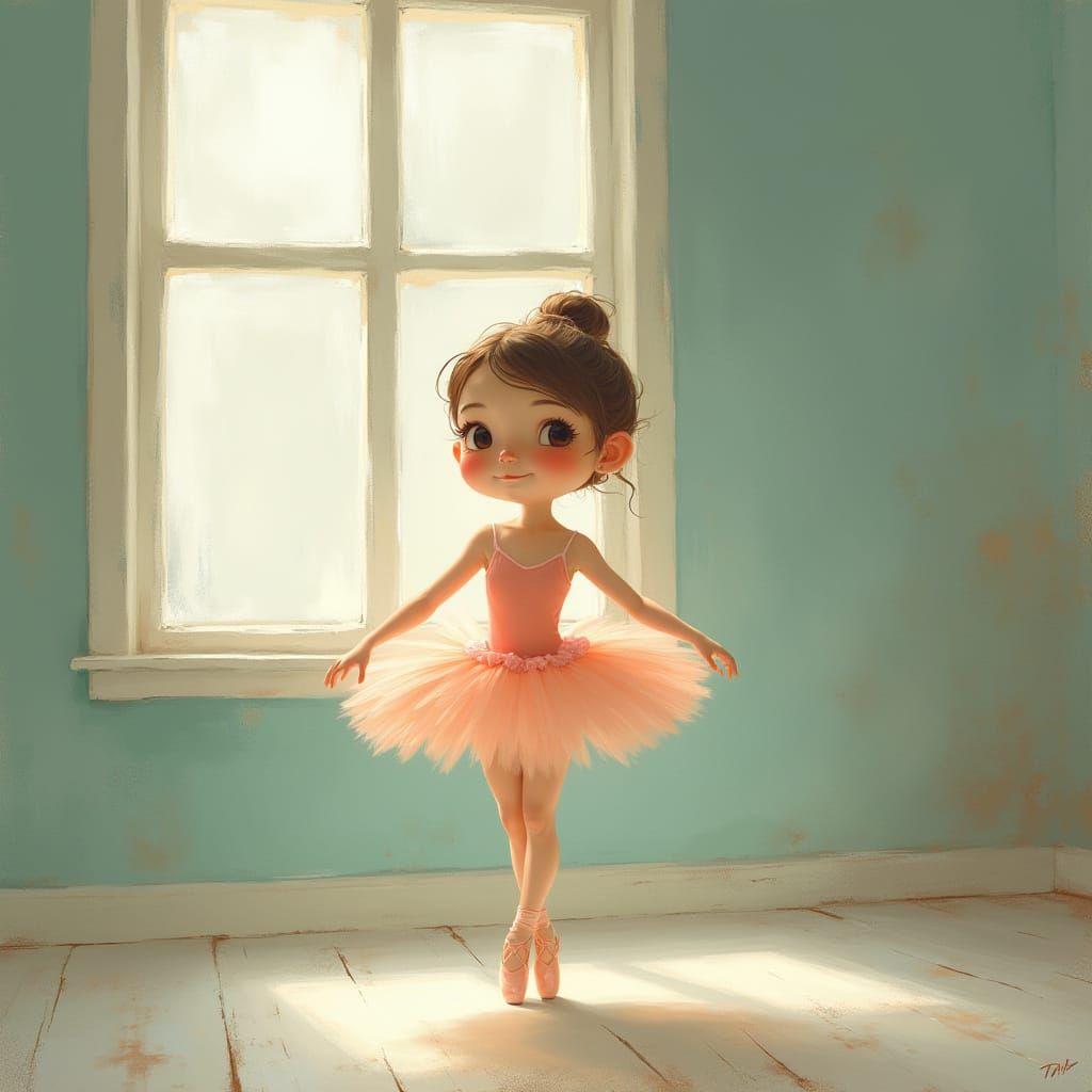 Delicate Ballerina in Ballet Studio, Whimsical Illustration