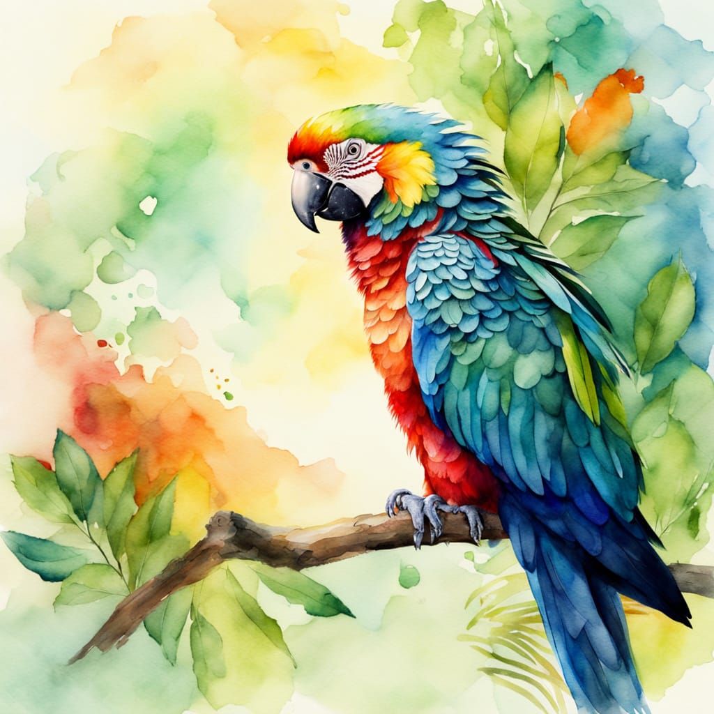 Colorful Parrot Perched on Branch in Watercolor Style