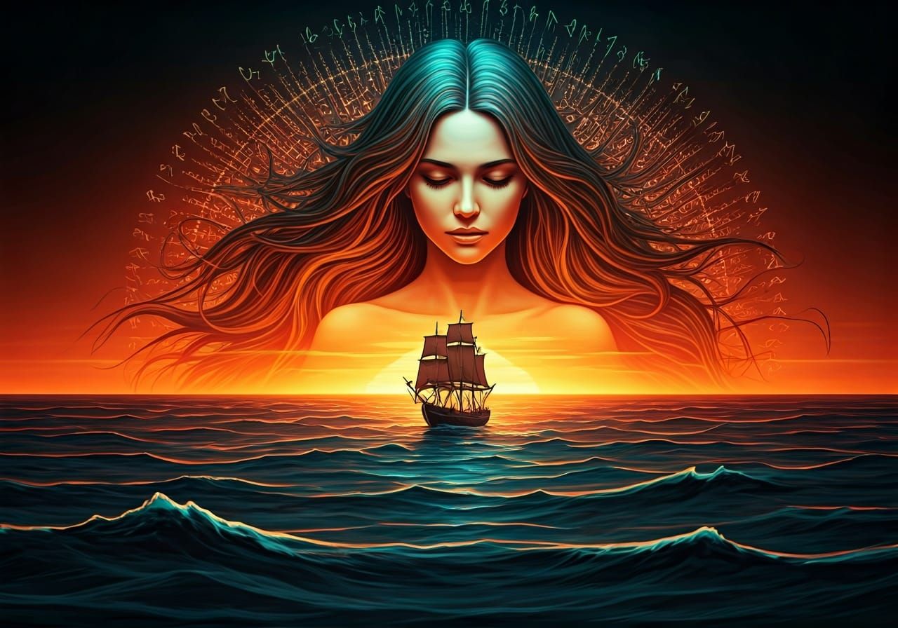 Ocean Goddess Illustration with Geometric and Psychedelic El...