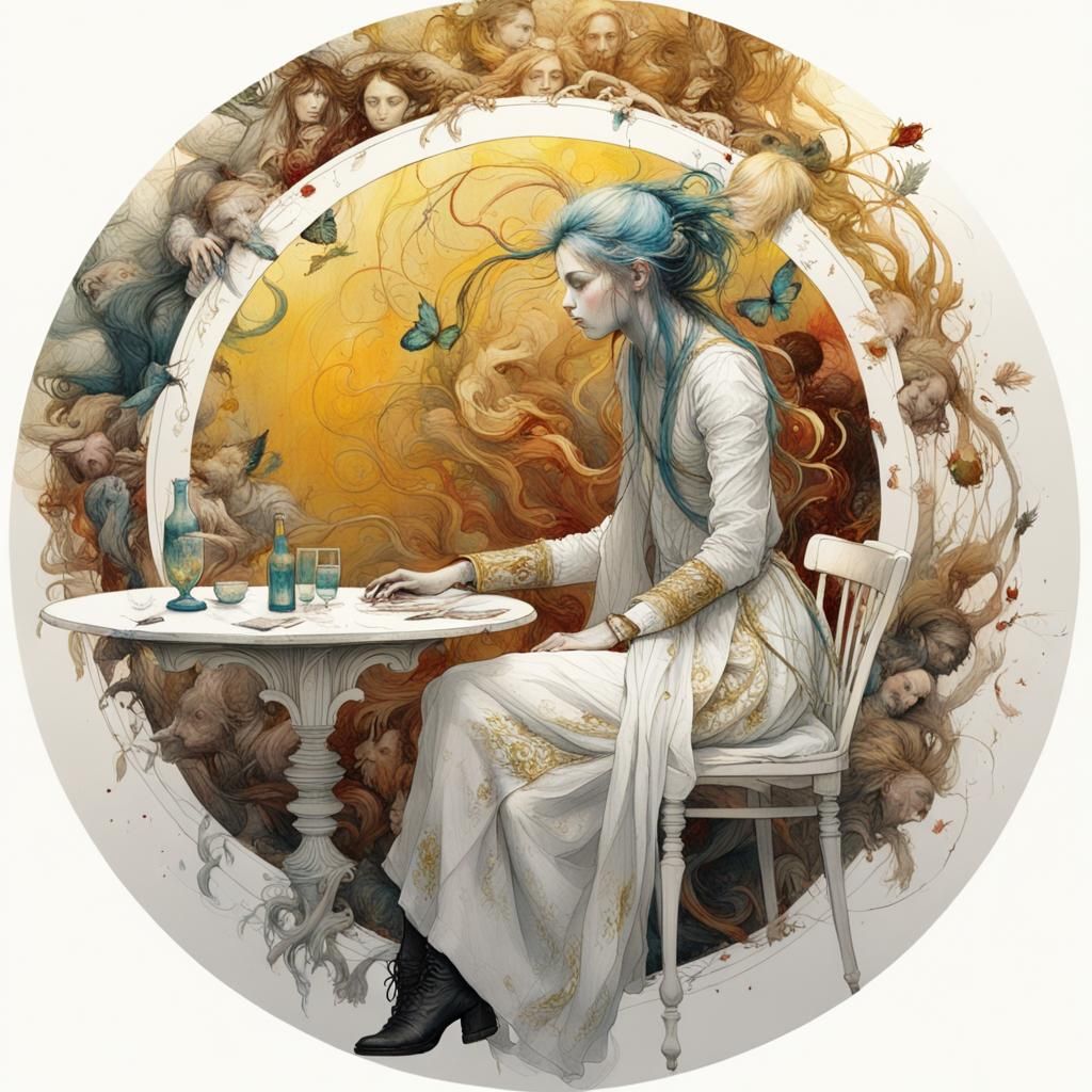 Elegant Beauty in Circular Room: Graffiti Art Style