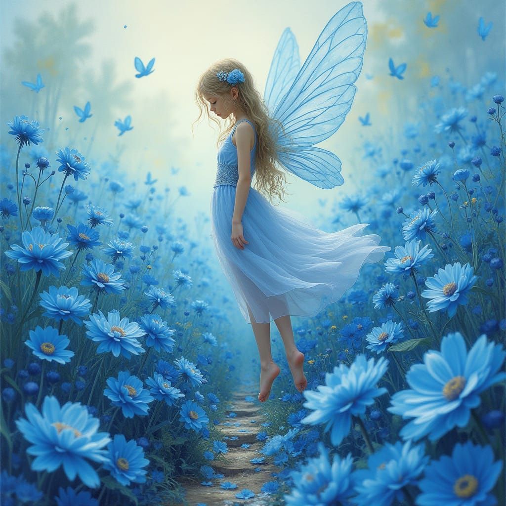 Fairy Stepping into Vibrant Blue Flower Garden in Dreamlike....
