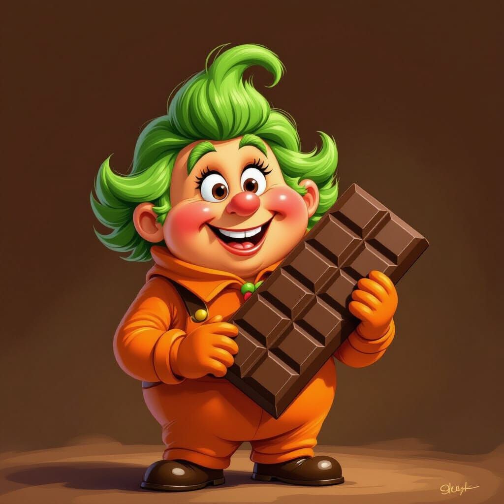 Playful Oompa Loompa With Chocolate Bar in Illustrative Styl...