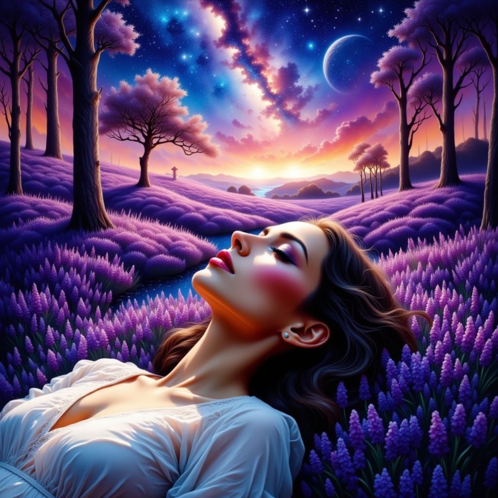 Woman in Lavender Field Under Starry Sky