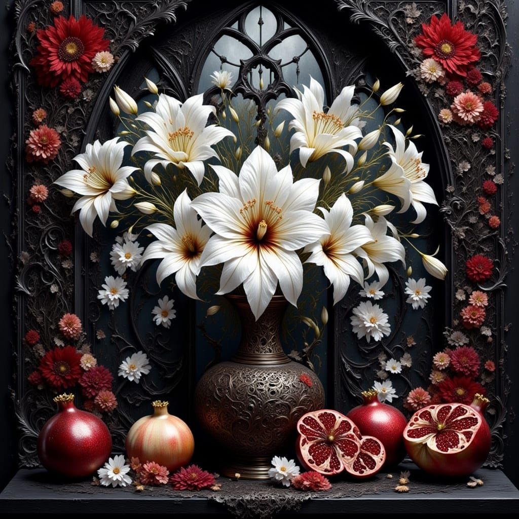 Gothic Geometric Still Life with Lilies and Pomegranates