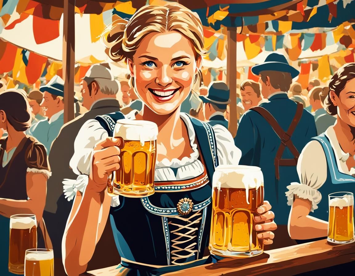 Oktoberfest Barmaid Serving Beer in Traditional Clothing