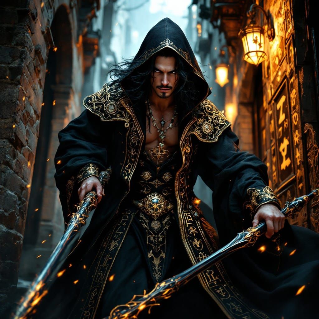 Majestic Wizard in Rococo-Hooded Robe, Illuminated by Dramat...