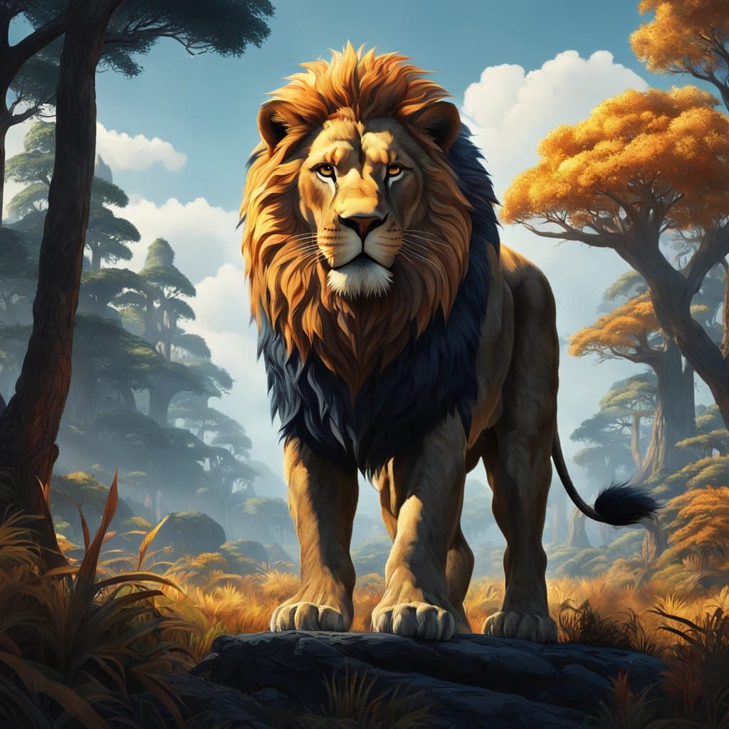 Regal Lion Man Standing Proud in Vibrant Savannah