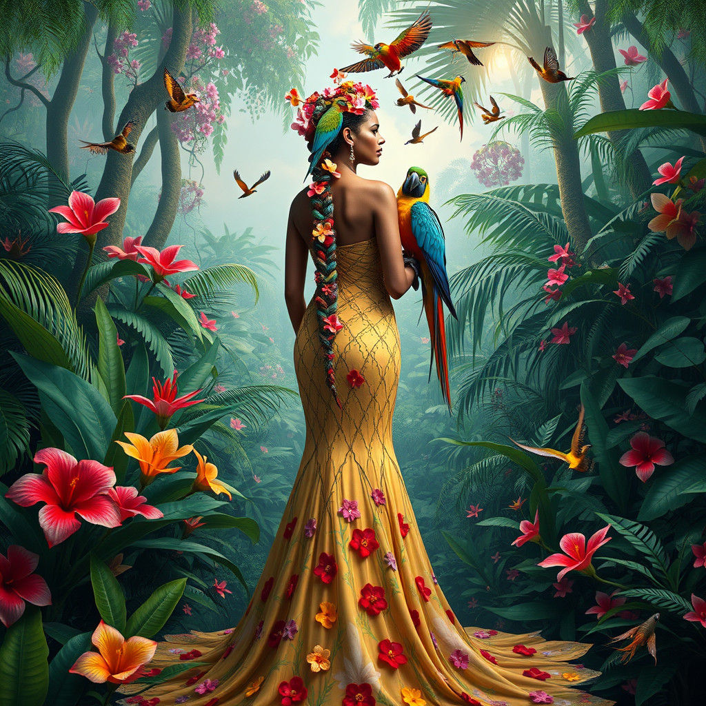 Amazonian Woman in Rainforest: Art Nouveau Fantasy