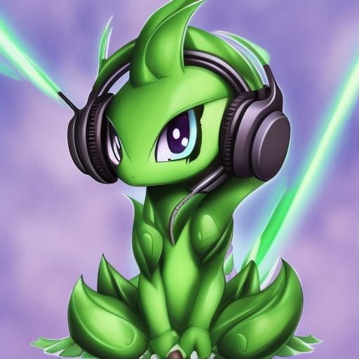 Anime Green Baby Dragon with Headphones