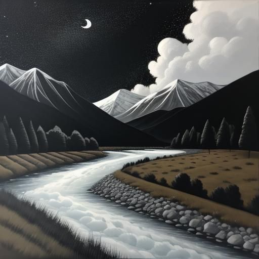 Minimalist Landscape Painting with Starry Skies