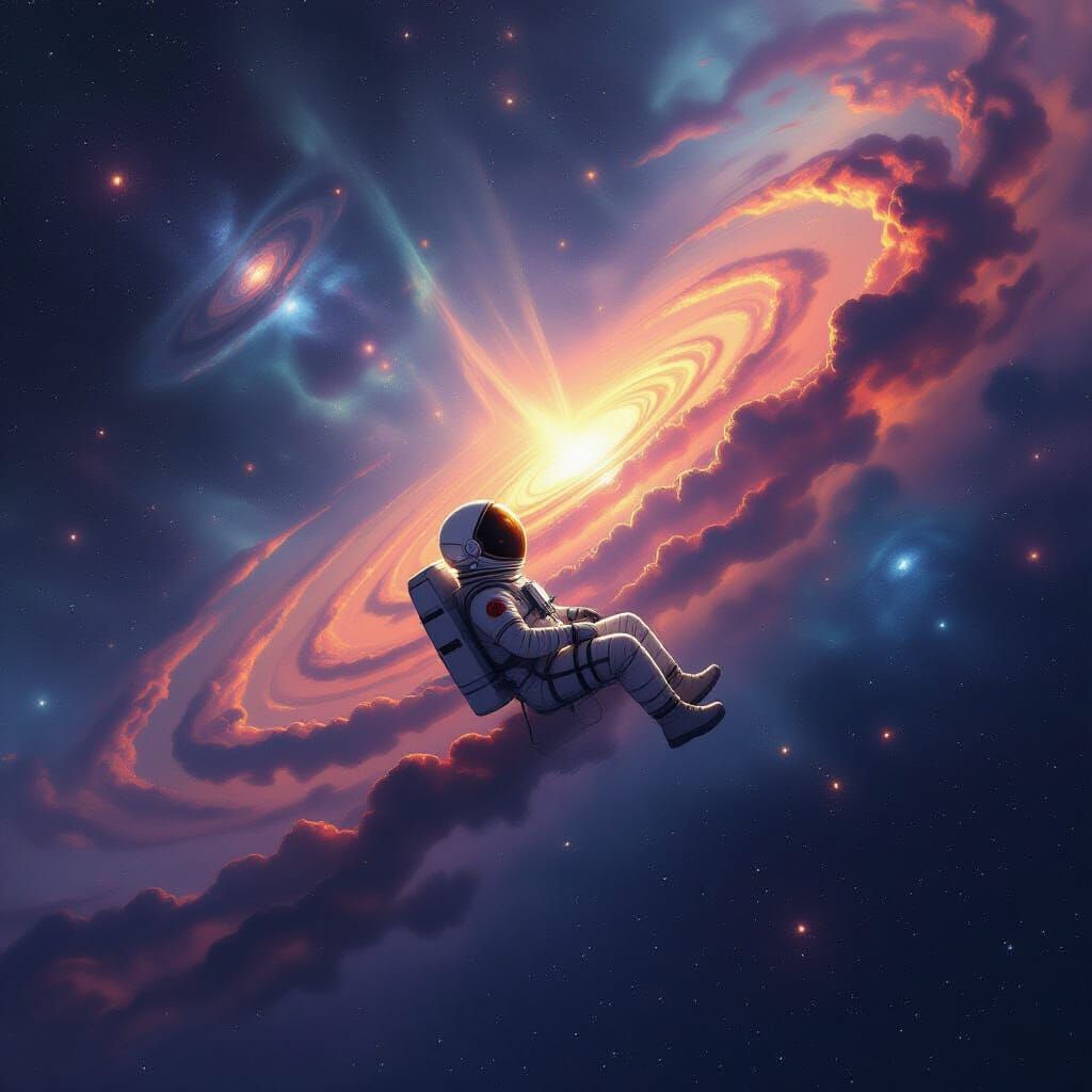 Astronaut Adrift in Cosmic Sea, Painterly Surrealist Style